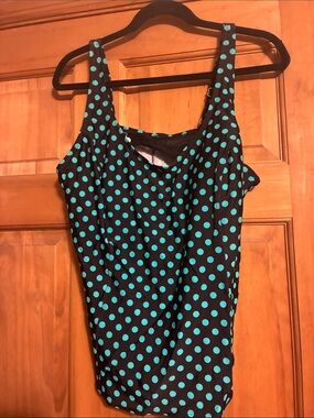 Black Polka Dot One Piece tankini Swimwear with Turquoise Dots, no bottoms
